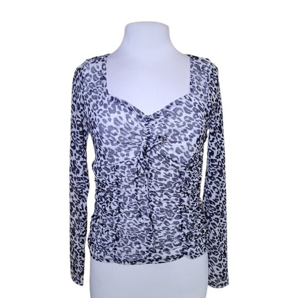 River Bend | NEW Women's Black & White Leopard Print Mesh Sleeve Blouse - Sz M - Picture 1 of 8
